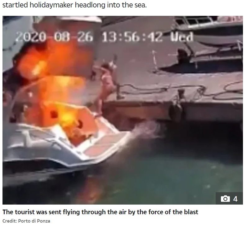 伊ポンツァ島で2020年8月、給油直後のモーターボートが爆発。燃料油が気化し滞留することで爆発が起きたものとみられている（画像は『The Sun　2020年8月30日付「BOAT BLAST Shocking moment holidaymaker thrown into the sea after motorboat explodes while fuelling up in Italy」（Credit: Porto di Ponza）』のスクリーンショット）
