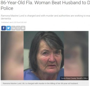 2019年1月、フロリダ州在住の86歳の女が89歳の夫の頭部を歩行用の杖で殴り殺害。女は殺人容疑で逮捕されたが、認知症を患っていた可能性が指摘された（画像は『NBC Southern California　2019年1月8日付「86-Year-Old Fla. Woman Beat Husband to Death With Cane: Police」（Santa Rosa County Sheriff’s Office）』のスクリーンショット）