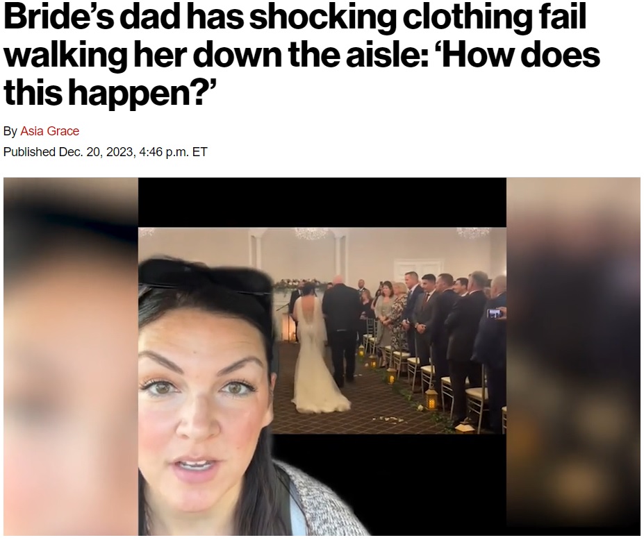 2021年9月に挙げた結婚式の動画を投稿したアメリカ在住の女性。父親とバージンロードを歩いている時、ハプニングが起こってしまった（画像は『New York Post　2023年12月20日付「Bride’s dad has shocking clothing fail walking her down the aisle: ‘How does this happen?’」（TikTok/sarahcongrun）』のスクリーンショット）