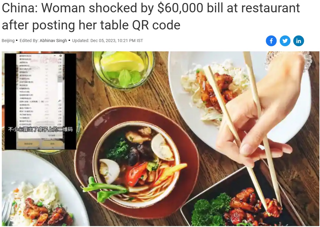 友人とレストランにて普通に鍋を楽しんでいた女性。食事中に店員から話しかけられ、870万円を超える注文が行われている驚きの事実を告げられた（画像は『WION　2023年12月5日付「China: Woman shocked by ＄60,000 bill at restaurant after posting her table QR code」（Twitter）』のスクリーンショット）