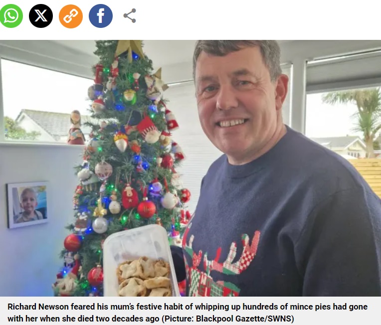 亡き母の冷凍ミンスパイは2002年12月に作られたもの。男性は毎年12月1日に母を偲び、1つずつ解凍して食べているそうで、今年で21年目となった（画像は『Metro　2023年12月25日付「Man tucks into his late mum’s frozen 21-year-old mince pies for Christmas」（Picture: Blackpool Gazette/SWNS）』のスクリーンショット）