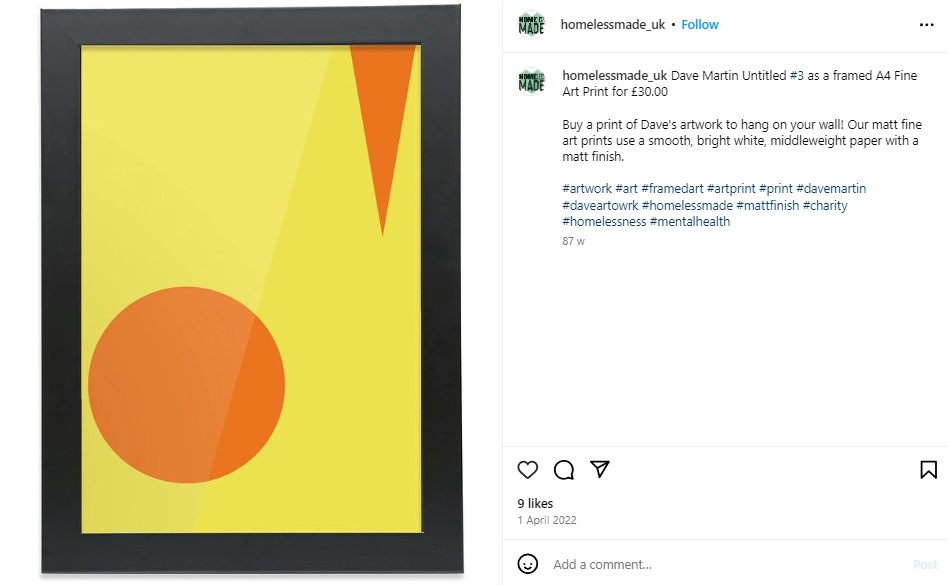 デイヴさんが制作したアート作品。フレームに入れられ、ホームレスの支援団体を通して販売された（画像は『HomeLess Made　2022年4月1日付Instagram「Dave Martin Untitled ＃3 as a framed A4 Fine Art Print for ￡30.00」』のスクリーンショット）