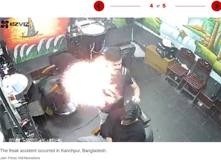 バングラデシュの理容店で2022年7月、ヘアドライヤーがヘアドライヤーが火を吹き爆発。男性2人が死亡していた（画像は『New York Post　2022年9月13日付「Video shows moment exploding hair dryer sparked deadly barbershop fire」（Jam Press Vid/Newslions）』のスクリーンショット）