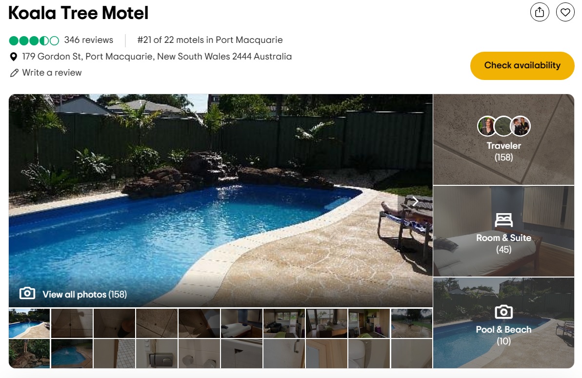 トリップアドバイザー上のレビューは星3.5、グーグルマップ上では星2.6と、とても良い評価であるとは言えないモーテルでトラブルが発生した（画像は『Tripadvisor　 Koala Tree Motel』のスクリーンショット）