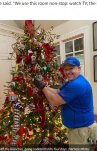 カーペットのクリーニングに来たボビーさんがミッシェルさんに送ったという写真。ミッシェルさんは最初、「ぬいぐるみか、オーナメントでは？」と思ったという（画像は『FOX 56 News　2023年12月5日付「Lexington family finds owl in Christmas tree」（Michele White）』のスクリーンショット）