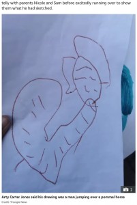 イギリスで2021年、4歳男児が描いたオリンピック選手の絵。親がFacebookに投稿したところ、「成人向け」との理由で削除されてしまったという（画像は『The Sun US　2021年8月12日付「DOODLE DITCHED Boy’s innocent Olympic drawing removed from Facebook for being X-RATED」（Credit: Triangle News）』のスクリーンショット）