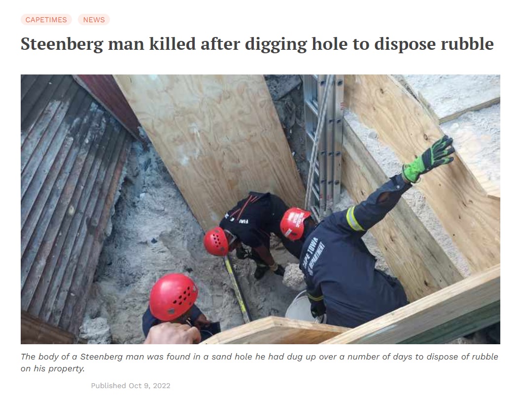 南アフリカ在住の男性が2022年10月、自宅敷地内の瓦礫を処理するために数日かけて掘っていた穴に埋もれ、死亡していた（画像は『IOL　2022年10月9日付「Steenberg man killed after digging hole to dispose rubble」』のスクリーンショット）