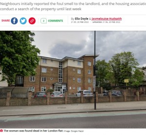 2022年2月、英ロンドン南東部のアパートで61歳女性の白骨化した遺体が発見された。近隣住民は2年以上前から異臭を訴えていたものの、放置されていたという（画像は『The Daily Star　2022年2月20日付「Woman’s ‘skeleton’ found two years after neighbours noticed ‘horrific stench’ in flat」（Image: Google Maps）』のスクリーンショット）