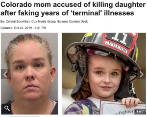 2019年10月、米コロラド州に住む女が7歳娘（右）を殺害した容疑を含む13の罪状で逮捕された。女は健康な娘に必要のない抗てんかん薬を投与していた（画像は『WPXI　2019年10月22日付「Colorado mom accused of killing daughter after faking years of ‘terminal’ illnesses」』のスクリーンショット）