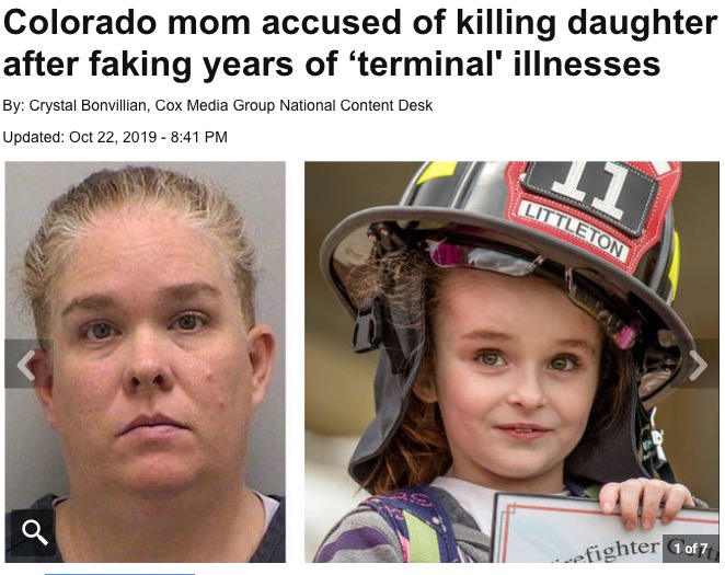 2019年10月、米コロラド州に住む女が7歳娘（右）を殺害した容疑を含む13の罪状で逮捕された。女は健康な娘に必要のない抗てんかん薬を投与していた（画像は『WPXI　2019年10月22日付「Colorado mom accused of killing daughter after faking years of ‘terminal’ illnesses」』のスクリーンショット）