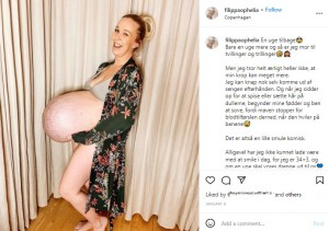 デンマークで三つ子を妊娠した女性。2021年12月に出産予定日まであと1週間の姿をSNSに投稿したところ、「巨大なスイカを丸呑みしたみたい」といった声が届いていた（画像は『Michella Meier-Morsi　2021年12月19日付Instagram「En uge tilbage」』のスクリーンショット）
