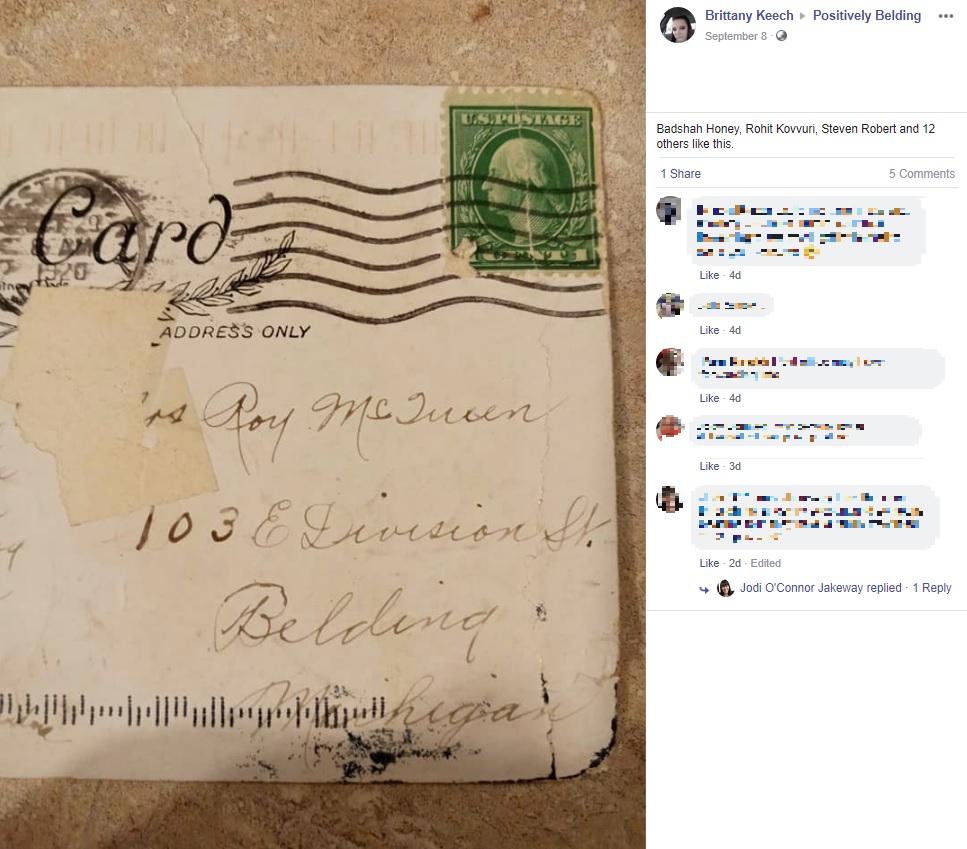 米ミシガン州に暮らす女性宅の郵便受けに2020年9月、1920年の消印が押されたハガキが届く。女性は「家族に渡せれば」と受取人の家族を探していた（画像は『Brittany Keech‎　2020年9月8日付Facebook「Ok so i received this in the mail today.」』のスクリーンショット）