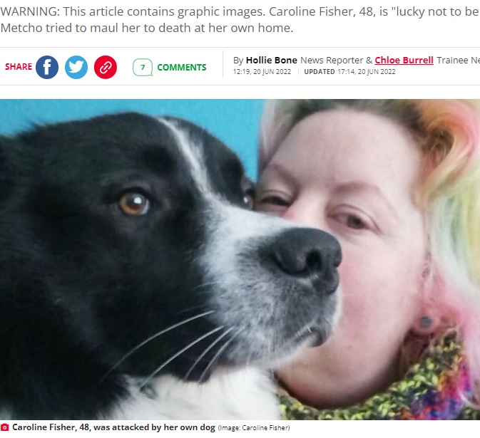 英ランカシャー州で2022年6月、体重80キロもある犬が豹変。飼い主の女性が襲われて重傷を負った（画像は『Daily Record 　2022年6月20日付「Woman feared she’d die after her dog ‘tried to rip her apart’ when she got home from holiday」（Image: Caroline Fisher）』のスクリーンショット）