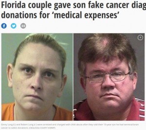 2018年、自分の息子を病気と偽り、寄付を募っていた米フロリダ州の夫婦が逮捕された。息子は両親から「7つの脳腫瘍ができている。もう長くは生きられない」と言われ、信じていたという（画像は『NY Daily News　2018年2月3日付「Florida couple gave son fake cancer diagnosis to solicit donations for ‘medical expenses’」（OKALOOSA COUNTY SHERIFF）』のスクリーンショット）