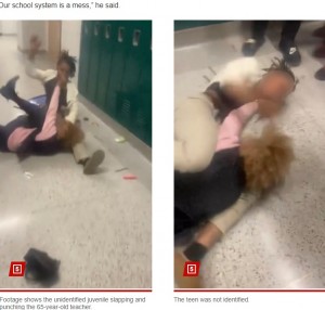 廊下でもめる女子生徒とシェリルさん。女子生徒はシェリルさんの髪を掴んでキックしたり、脚で羽交い絞めにして何度も頭を叩いた（画像は『New York Post　2024年1月12日付「HS student faces charges after beating up teacher, 65, in viral video: cops」』のスクリーンショット）