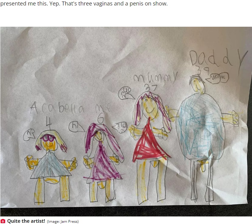 6歳だったジェーンちゃんが描いた家族の絵。そこには男性器1つと女性器3つがしっかりと描かれており、アメリアさんは紅茶を吹き出しそうになったという（画像は『The Daily Star　2024年1月28日付「Mum left in stitches as 6-year-old cheekily draws X-rated family portrait」（Image: Jam Press）』のスクリーンショット）