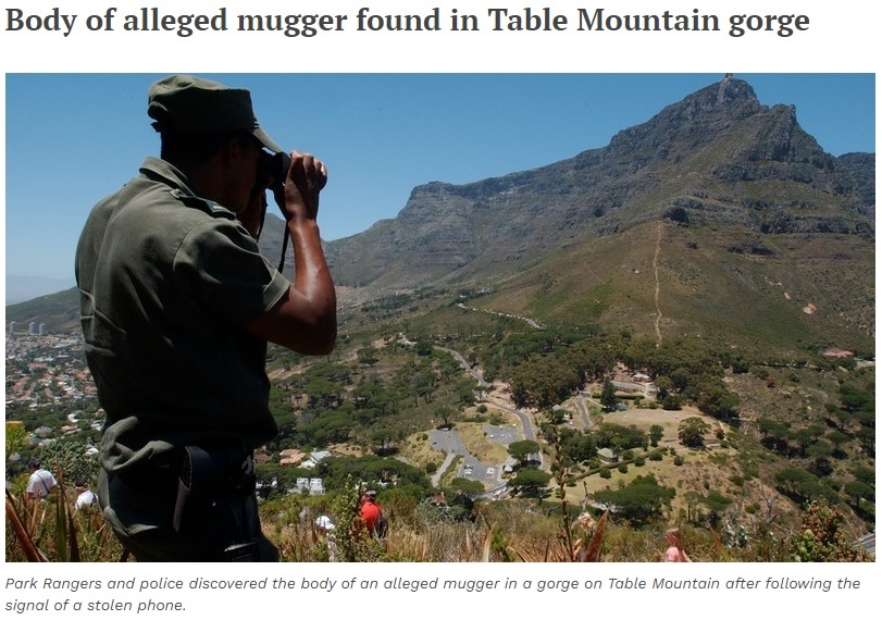 強盗被害が多発するテーブルマウンテン国立公園で捜索するパークレンジャー（画像は『IOL　2024年1月24日付「Body of alleged mugger found in Table Mountain gorge」』のスクリーンショット）