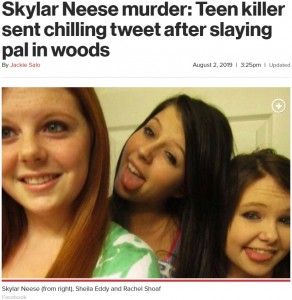 米ウェストバージニア州で2012年、16歳の少女（右）が殺害された。犯人は同じ年の2人（左・中央）で犯行後、SNSに「あなたはいつだって私達の大親友よ」と被害者に向けての言葉を投稿していた（画像は『New York Post　2019年8月2日付「Skylar Neese murder: Teen killer sent chilling tweet after slaying pal in woods」（Facebook）』のスクリーンショット）