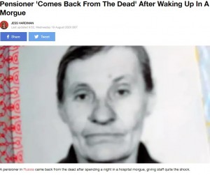 ロシアの病院で2020年8月、医師によって死亡が確認された81歳の女性。遺体安置室に運ばれるも、息を吹き返していた（画像は『LADbible　2020年8月19日付「Pensioner ‘Comes Back From The Dead’ After Waking Up In A Morgue」（Credit: East 2 West News）』のスクリーンショット）