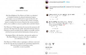 ケンジントン宮殿が発表した声明文。キャサリン皇太子妃は腹部外科手術に成功し、今後しばらく入院すると伝えた（画像は『The Prince and Princess of Wales　2024年1月17日付Instagram「A statement from Kensington Palace」』のスクリーンショット）