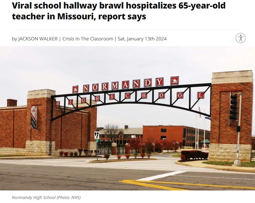 女子生徒が65歳の教師に暴行を加える事件が発生した米ミズーリ州セントルイスのノルマンディ高校。当時の動画がSNSで拡散し、物議を醸している（画像は『ABC News 4　2024年1月13日付「Viral school hallway brawl hospitalizes 65-year-old teacher in Missouri, report says」（Photo: NHS）』のスクリーンショット）