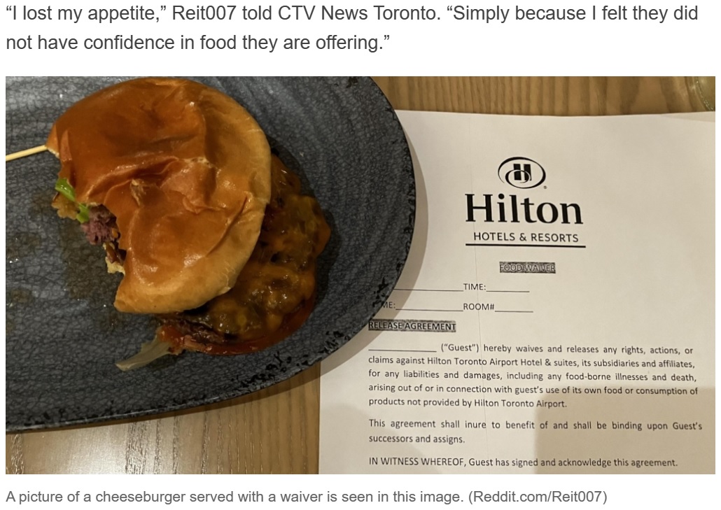チーズバーガーを頼み、免責同意書へのサインを求められた男性。ある注文を付け加えたことが原因だった（画像は『CTV News Toronto　2024年1月21日付「‘I lost my appetite’: Cheeseburger served with waiver at Toronto restaurant」（Reddit.com/Reit007）』のスクリーンショット）