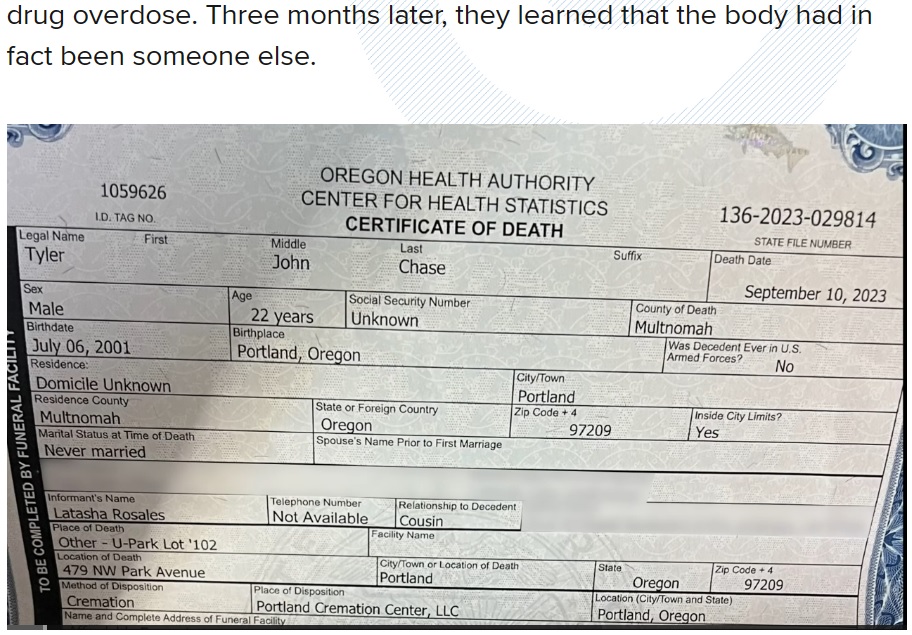 死亡証明書にはタイラーさんの名前や生年月日が記載されており、政府により公式に発行されたものだった（画像は『KGW　2024年1月9日付「Multnomah County officials told a man’s family he had died. Three months later, they learned he was still alive」』のスクリーンショット）