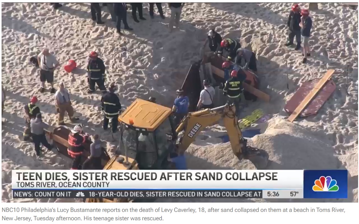 米ニュージャージー州のビーチで2022年5月、18歳少年が穴を掘って遊んでいたところ突然大量の砂が勢いよく降りかかり生き埋めになってしまった（画像は『NBC10 Philadelphia　2022年5月17日付「Teen Dies After Sand Collapses on Him at Jersey Shore Beach」』のスクリーンショット）