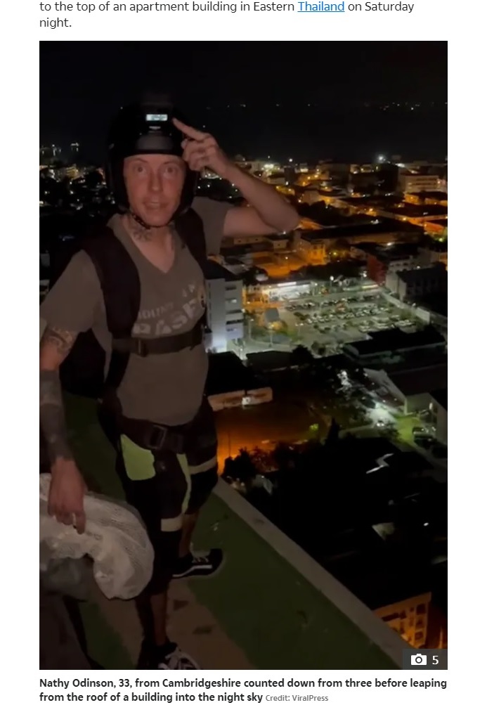 タイのリゾート地パタヤにある29階建て集合住宅屋上からベースジャンプに挑戦し死亡したナティ・オーディンソンさん（33）（画像は『The Sun　2024年1月28日付「DEATH PLUNGE Brit base jumper Nathy Odinson, 33, plunges to death from 29-storey tower as parachute failed during stunt in Thailand」（Credit: ViralPress）』のスクリーンショット）