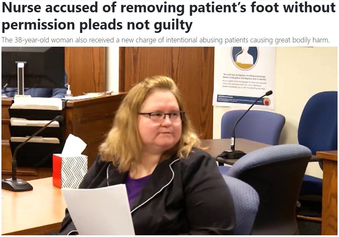 米ウィスコンシン州の老人ホームで2022年5月、入居者の足を切断した元看護師。裁判で「本人が喜ぶと思った」と無罪を主張も、最長で98年の懲役刑に科される可能性があるという（画像は『WEAU　2023年2月17日付「Nurse accused of removing patient’s foot without permission pleads not guilty」』のスクリーンショット）