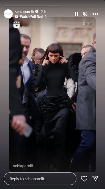 「スキャパレリ」の黒い衣装を纏うゼンデイヤ。シルクのタートルネックとトレーンが付いたスカートを着用した（画像は『Schiaparelli　2024年1月22日付Instagram』のスクリーンショット）