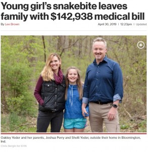 2018年7月、親元を離れて米イリノイ州の国立森林公園へサマーキャンプに参加した10歳少女（中央）。その時、ヘビに噛まれたが、医療費として約1590万円を請求されたという（『New York Post　「Young girl’s snakebite leaves family with ＄142,938 medical bill」（Chris Bergin for KHN）』より）