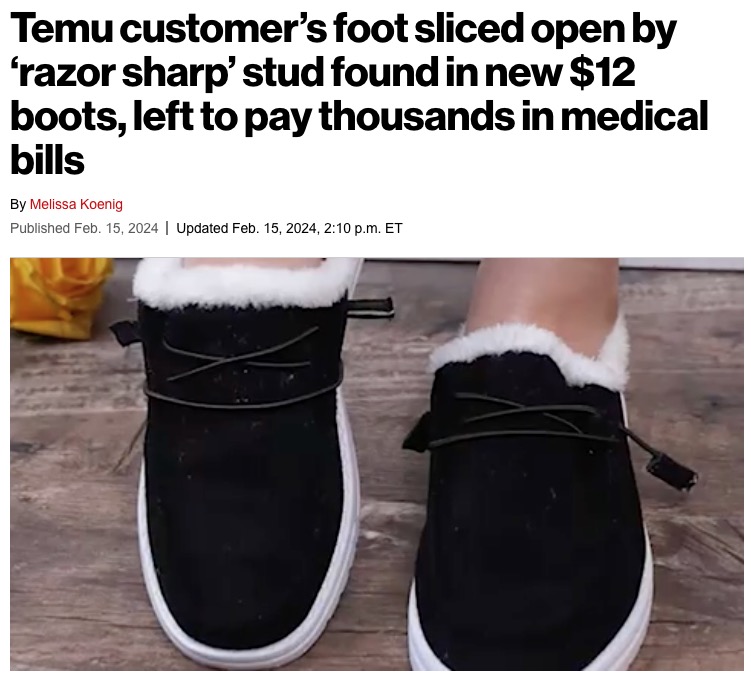 中国発のオンラインマーケットプレイス「Temu」で購入した冬用シューズが怪我の原因に！（『New York Post　「Temu customer’s foot sliced open by ‘razor sharp’ stud found in new ＄12 boots, left to pay thousands in medical bills」（Kennedy News ＆ Media）』より）