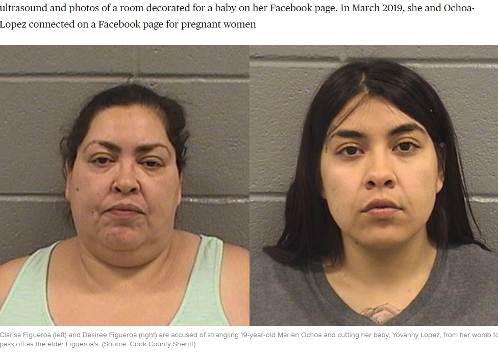 米イリノイ州で2019年4月、妊娠9か月だった19歳女性を絞殺し、子宮から胎児を取り出した母（左）と殺害の手助けをした娘。今年1月、娘に懲役30年の判決が下された（『CBS News　「Woman pleads guilty to murder for helping mom kill pregnant Chicago teen and cut baby from her womb」（Source: Cook County Sheriff）』より）
