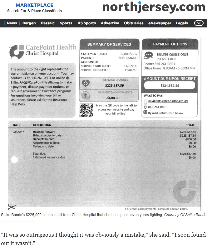 米ニュージャージー州に住むセイコ・バンドウさんは、ペースメーカーの埋め込み手術とわずか3日の入院に対して、3,000万円以上もの医療費を病院から請求された。7年の交渉の末に、残金全額免除を病院から伝えられた（『NorthJersey.com　「This NJ woman spent 6 years fighting a ＄225K hospital bill. Here’s how it ended.」（Courtesy Of Seiko Bando）』より）