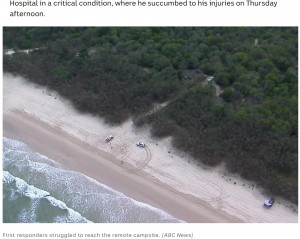 オーストラリアのビーチで2023年12月、砂浜に掘った大穴に男性が転落。救助されるも助からなかった（『ABC（Australian Broadcasting Corporation）　「Josh Taylor, 23, dies in hospital after being buried in sand on Bribie Island」（ABC News）』より）