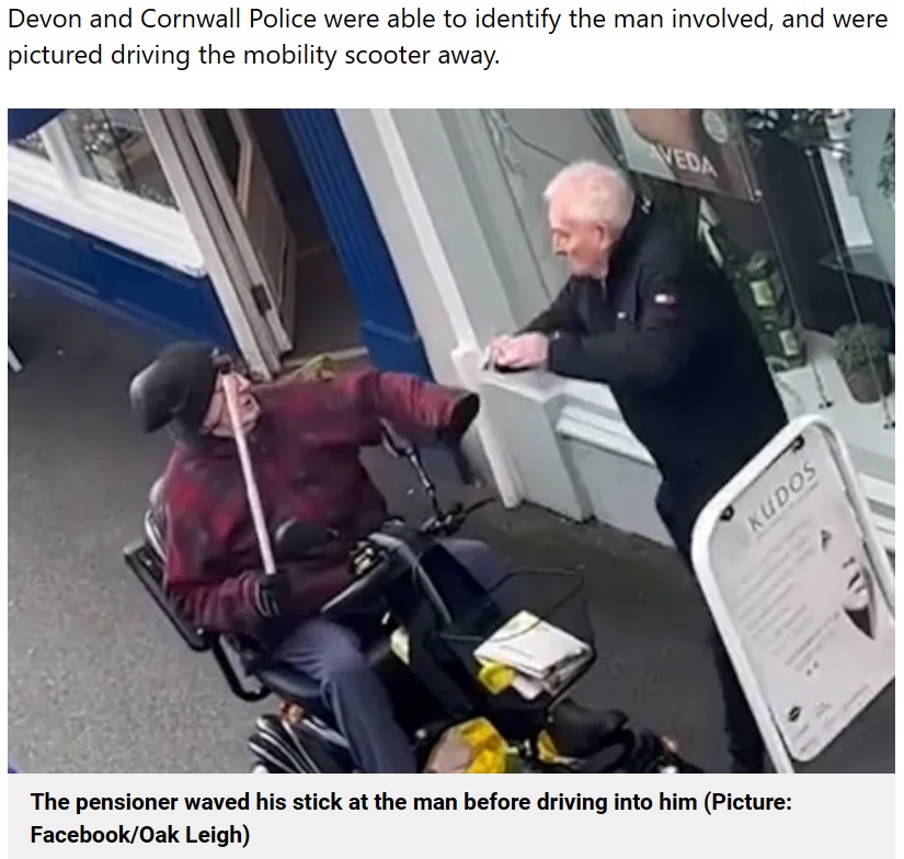 英デボン州にあるパン屋の近くで2023年12月、高齢男性が歩いていた男性を意図的に轢こうとした。高齢男性は、パン屋で欲しかった商品をこの男性に取られたことで身勝手な行動に出たという（『Metro　「Man knocked down by mobility scooter in revenge for ‘buying the last pasty’」（Picture: Facebook/Oak Leigh）』より）