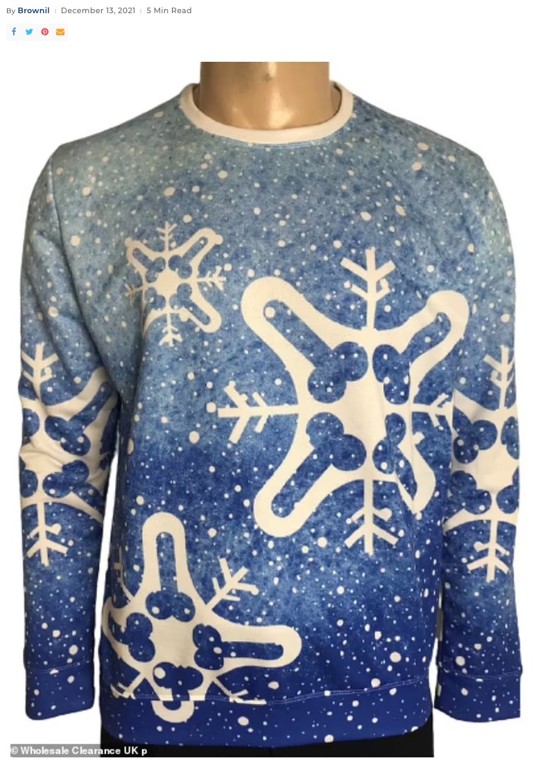 英ドーセット州に拠点を置くオンライン卸売販売業者が2021年、大量にセーターを仕入れたところ、“卑猥な模様”にオーナーは愕然としたという（『Brownells　「Designer accidentally creates a VERY rude Christmas jumper with phallic design」（Wholesale Clearance UK）』より）