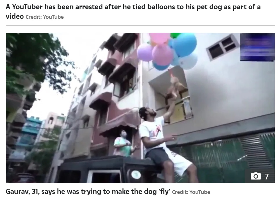 インド在住のユーチューバーが2021年5月、愛犬に風船を括りつけて空へ飛ばすという動画を撮影。のちにこのユーチューバーは動物虐待とみなされ、逮捕された（『The Sun　「RUFF RIDE Indian YouTuber arrested for tying balloons to pet dog to make it fly for cruel video stunt」（Credit: YouTube）』より）