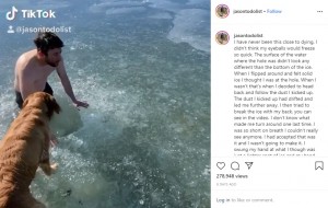 アメリカのインフルエンサーが2020年2月、氷が張った湖に潜る動画をSNSに投稿。「死を覚悟した」と明かすも再挑戦しており、「命を懸けてまでスタントをするなんて馬鹿げている」といった非難の声が殺到していた（画像は『Jason Clark　2020年2月24日付Instagram「I have never been this close to dying.」』のスクリーンショット）