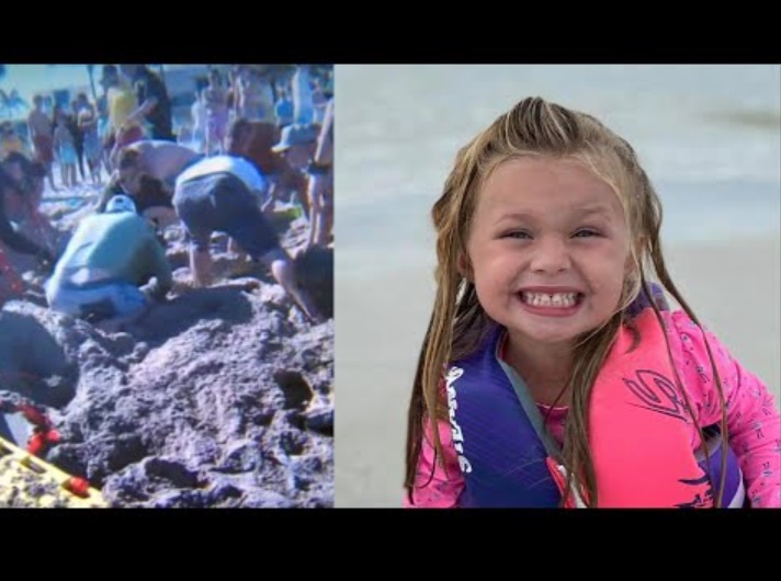 9歳の兄と穴を掘って遊んでいて生き埋めになったスローンちゃん（7）。多くの人が必死の救出作業を行ったが、命を救うことはできなかった（『Inside Edition　YouTube「7-Year-Old Girl Dies After Sand Hole Collapses on Beach」』より）