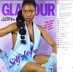 2021年1月、ファッション雑誌『Glamour UK』の表紙を飾ったエステルさん。テーマは「自分を受け入れよう（セルフ・ラブ）」で、「自分を晒すことで美の基準というものが再定義されると嬉しい」と語っていた（『Queen Esther　Instagram「I am so happy to share my very first cover with y'all!」』より）