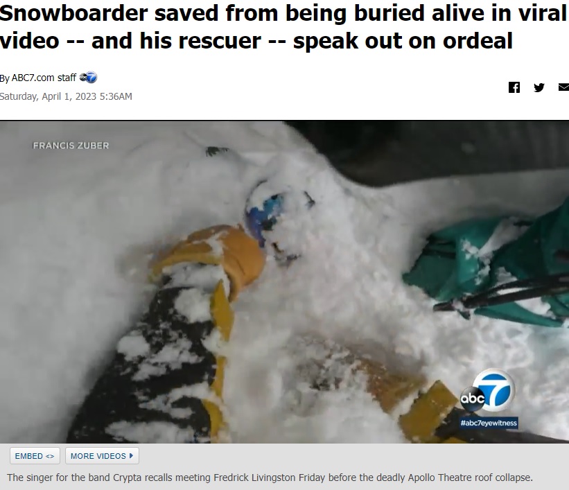 米ワシントン州のスキー場で今年3月、スノーボーダーが雪の中に頭から突っ込み生き埋めに。スキーヤーが発見し見事救出していた（『ABC7 Chicago　「Snowboarder saved from being buried alive in viral video -- and his rescuer -- speak out on ordeal」（FRANCIS ZUBER）』より）