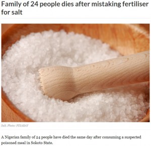 ナイジェリアのある村で2021年8月、食事中だった家族が次々と倒れて24名が死亡した。原因は、塩の代わりに化学肥料を間違えて入れて調理したことだった（『The Guardian Nigeria News　「Family of 24 people dies after mistaking fertiliser for salt」（Photo: PIXABAY）』より）