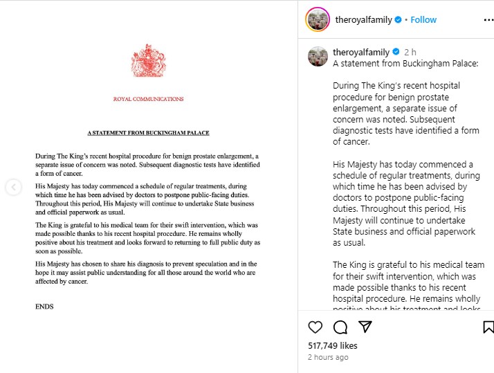バッキンガム宮殿が公開した声明文。国王のがんの種類や治療先などの詳細については伏せたままだ（画像は『The Royal Family　2024年2月5日付Instagram「A statement from Buckingham Palace:」』のスクリーンショット）