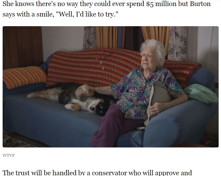 愛犬を溺愛していた飼い主が2020年に亡くなり、犬の世話を託された米テネシー州在住の女性。5億円超の遺産を犬のために使わなければいけない使命を背負った（画像は『NewsChannel 5 Nashville　2021年2月13日付「8-year-old border collie named Lulu inherits ＄5 million in owner’s will」（WTVF）』のスクリーンショット）