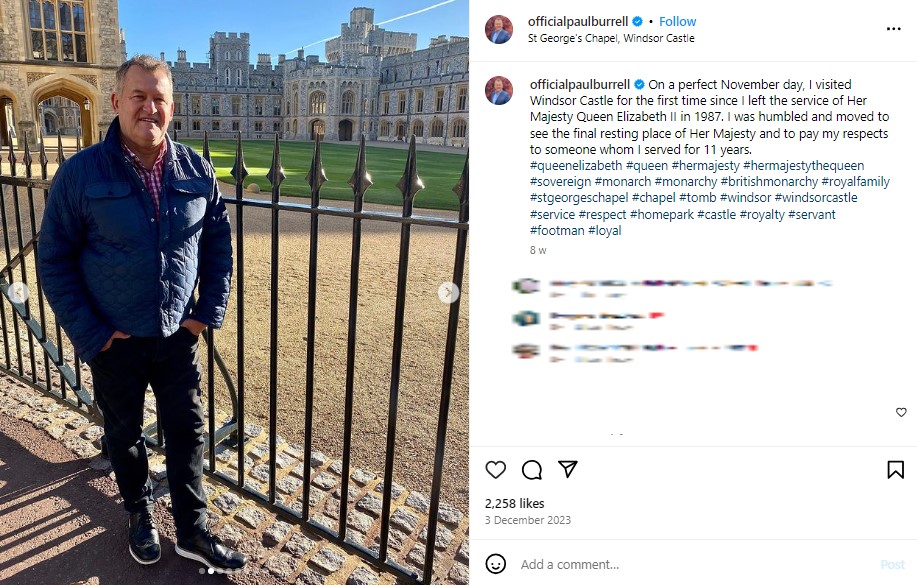 故ダイアナ妃の執事だったポール・バレル氏。メーガン妃の回顧録について王室に警鐘を鳴らした（画像は『Paul Burrell RVM　2023年12月3日付Instagram「On a perfect November day, I visited Windsor Castle for the first time since I left the service of Her Majesty Queen Elizabeth II in 1987.」』のスクリーンショット）