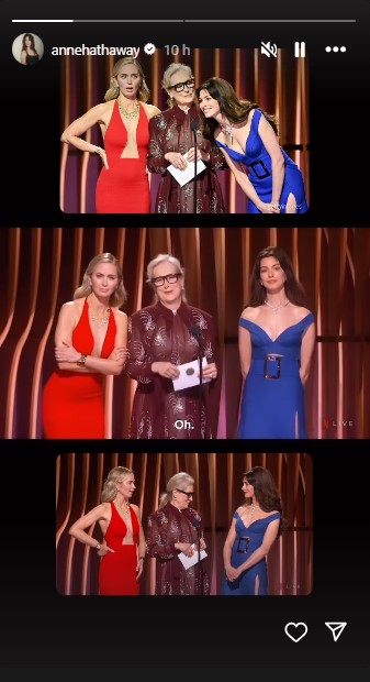 授賞式のステージに登場したエミリー、メリル、アン。3人は映画のセリフを復活させ、会場を笑いに包んだ（『Anne Hathaway　Instagram』より）