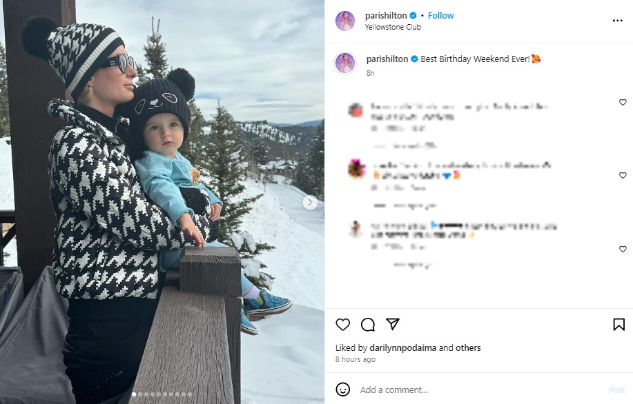 スキーリゾートの雪景色を眺めるパリスとフェニックス君。モンタナ州にある会員制のスキーリゾートに滞在した（『Paris Hilton　Instagram「Best Birthday Weekend Ever!」』より）
