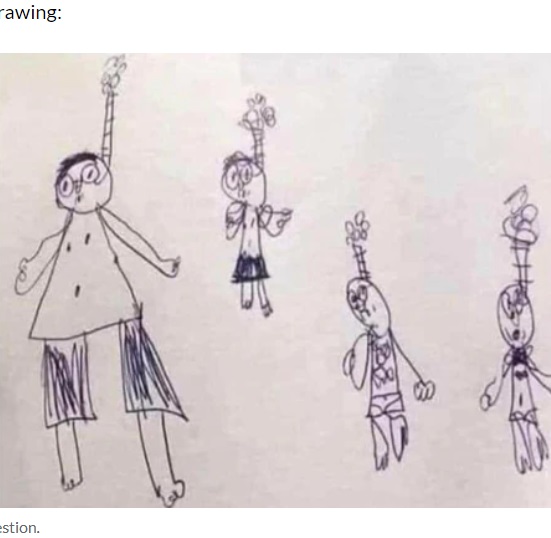 6歳男児が学校で描いたユニークな“家族の絵”。白い画用紙には父、母、自分、そしてもう一人のきょうだいと思われる家族4人がのびのびと描かれているが…（画像は『Kidspot　2023年5月9日付「My six-year-old’s teacher called an emergency meeting about his drawing」』のスクリーンショット）